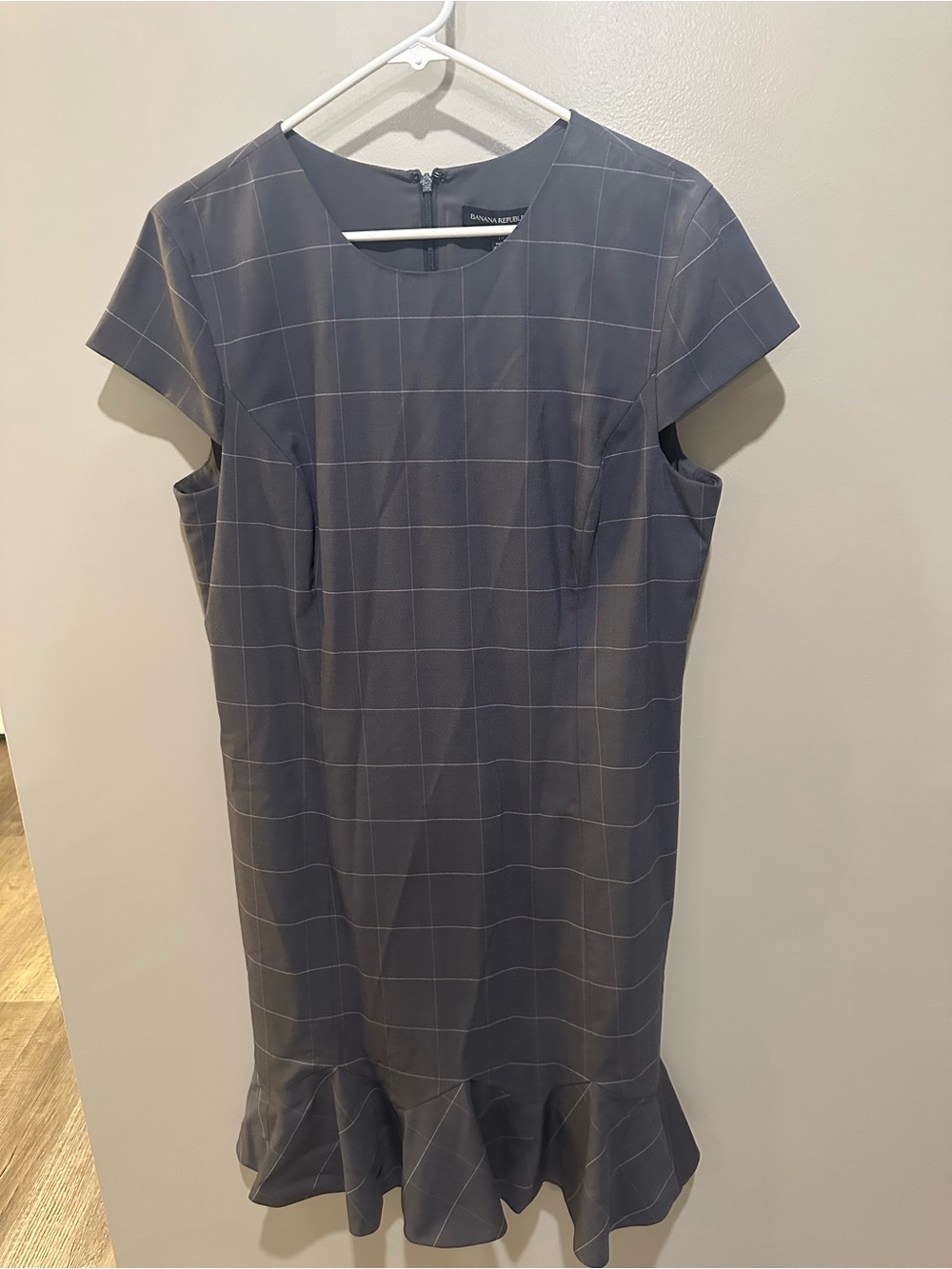 Banana Republic Gray Windowpane Ruffle-Hem Sheath Dress